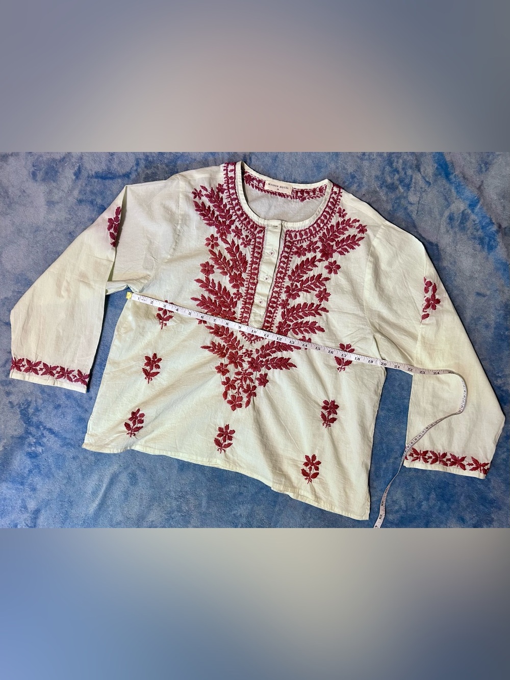 Embroidered White Cotton Blouse with Red Floral Detailing